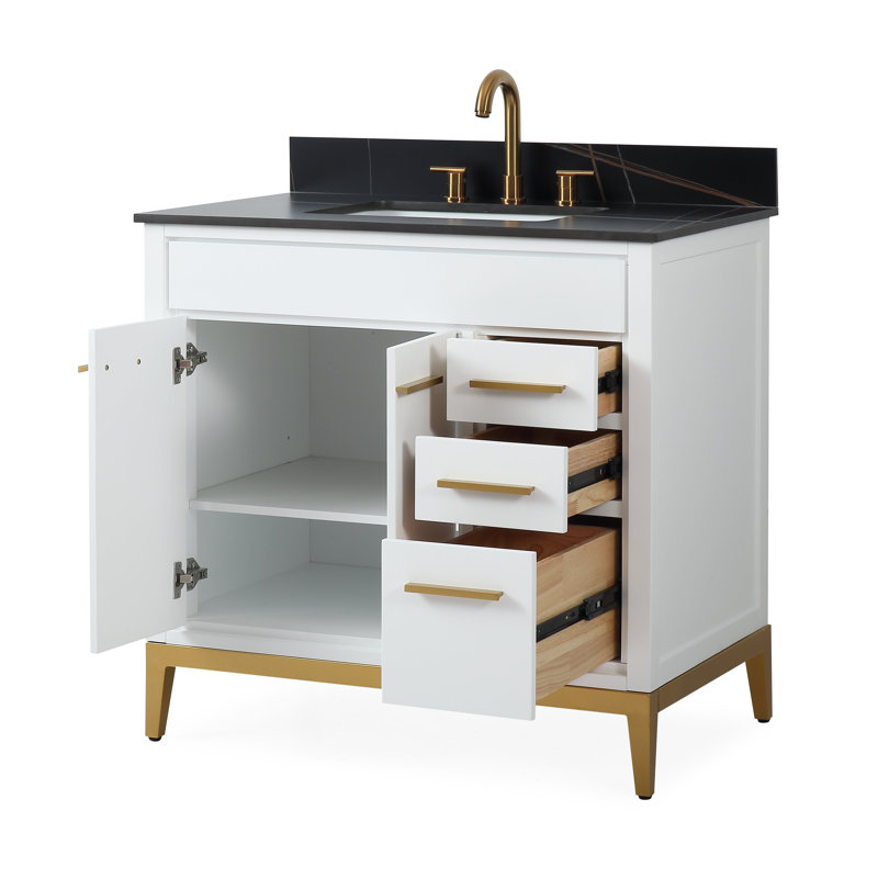 Meuble-lavabo sur pied moderne blanc Beatrice de 91 cm (36 pouces) de la marque Tennant, lavabo simple, comptoir en pierre frittée noire, entièrement assemblé