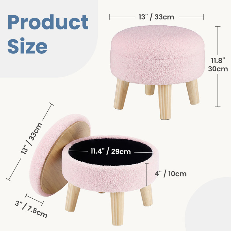 Modern Round Footrest with Soft Padded Seat, Teddy Velvet Footstool with Wood Legs, Pink