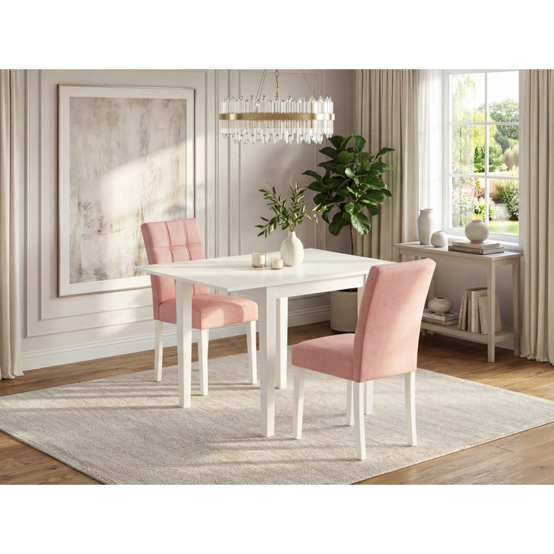 L'ensemble de table de salle à manger 3 pièces Mid-Century se compose d'une table en bois et de 2 chaises rembourrées en tissu de polyester rouge beige avec dossier élégant - finition lin blanc