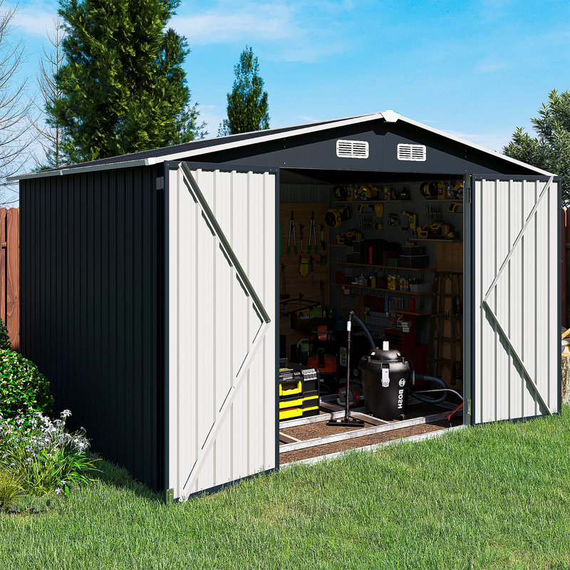 10 ft. W x 8 ft. D Metal Storage Shed with Metal Base Frame Kit, Black, 10' W x 8' D