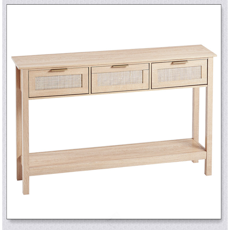 Console en rotin avec 3 tiroirs de rangement, table d'entrée en rotin avec porte coulissante en rotin naturel, table console pour salon, bureau, entrée ou mur de télévision