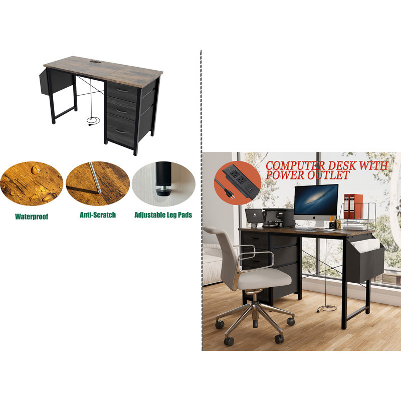 Bureau avec prise de courant, Brun, Noir, noir, noir, noir