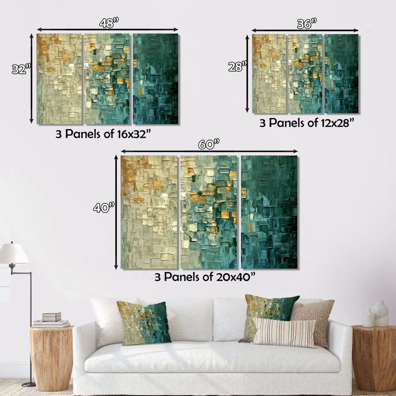 «Continuation and départ rétro or et bleu sarcelle III», ensemble de reproductions sur toile abstraites