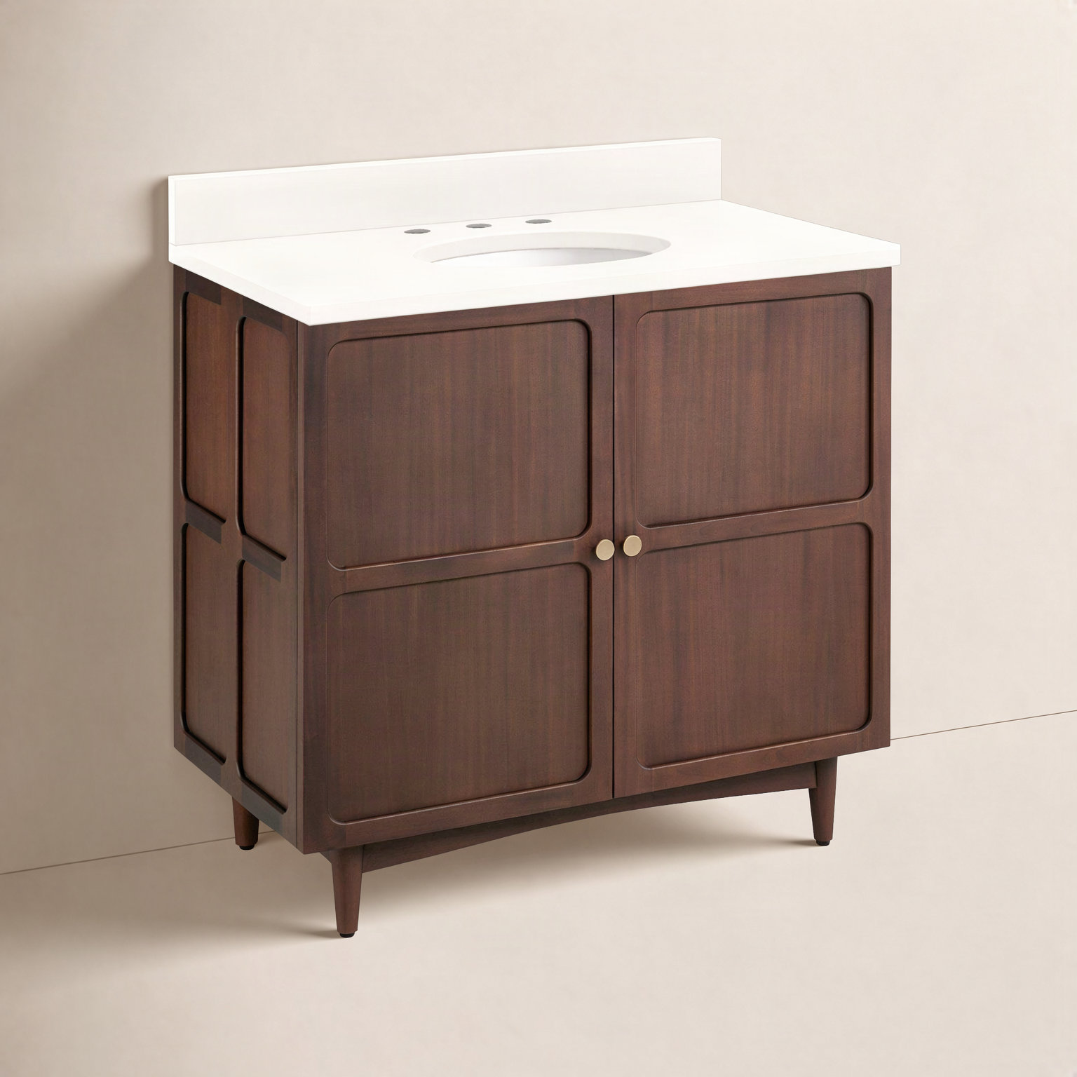 Delavan 30" Mahogany Single Bathroom Vanity, Oval, Arctic White Quartz, 8" Widespread