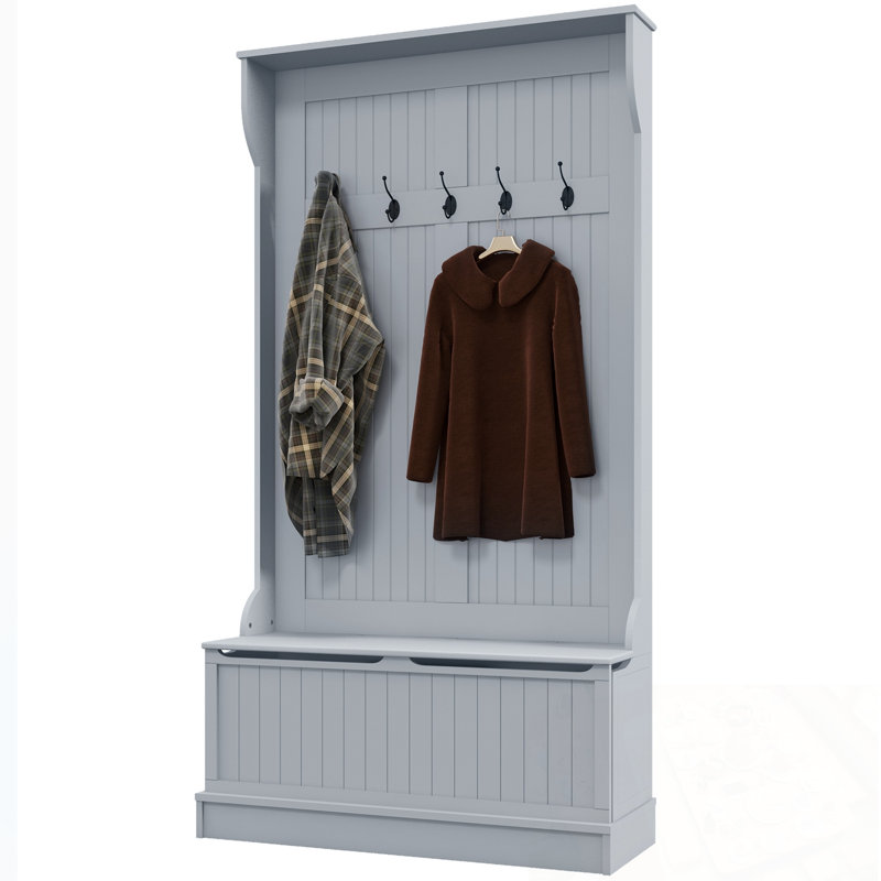 Hall Tree with Storage Bench and Four Hooks, Gray
