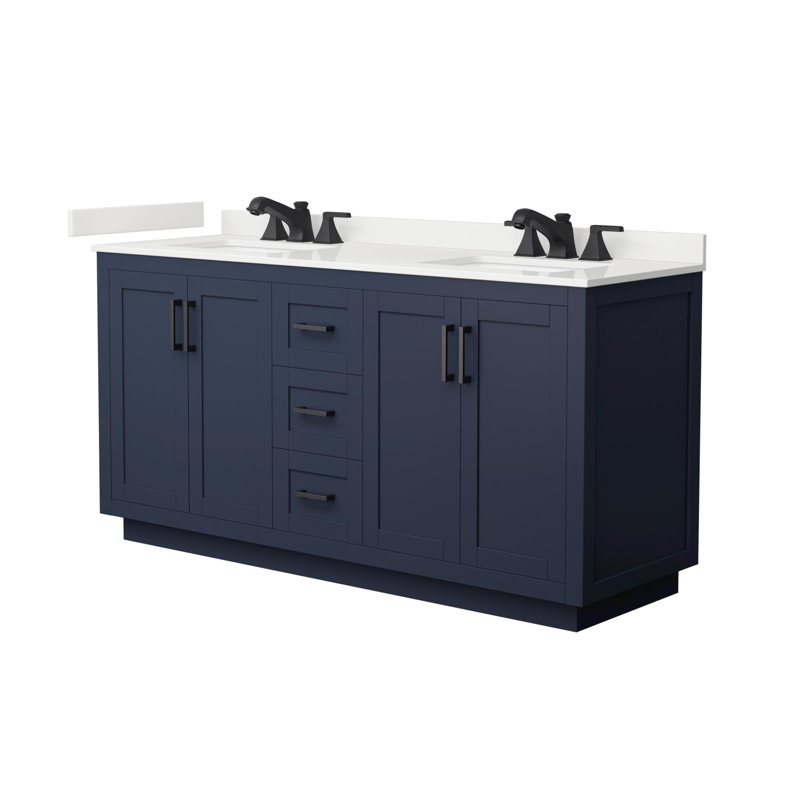 Miranda 66" Freestanding Double Bathroom Vanity with Quartz Top, White Quartz, Dark Blue, Matte Black