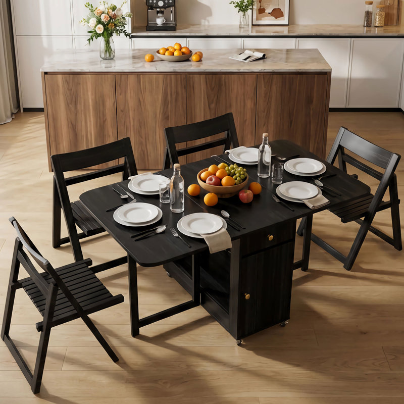 Table de salle à manger pliante et chaises, table de cuisine à abattant peu encombrante avec 4 chaises et rangement, petite table de salle à manger extensible avec roulettes, aucun assemblage requis en bois massif 