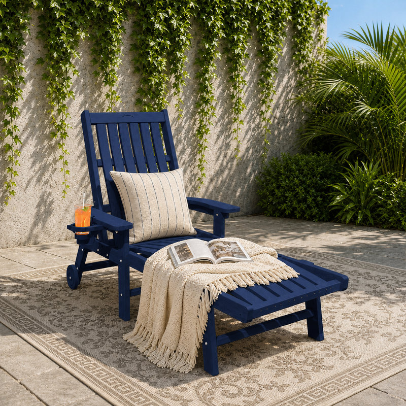 Dareona Outdoor HDPE Adjustable Reclining Chaise Lounge Chair With Wheels & Cup Holder, Blue