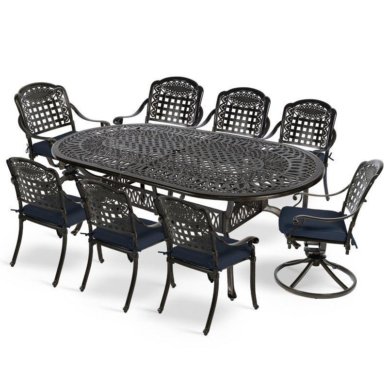 Ensemble de salle à manger ovale pour 8 personnes avec coussins 83,8 po, 9 pièces: table, 6 chaises, 2 chaises pivotantes
