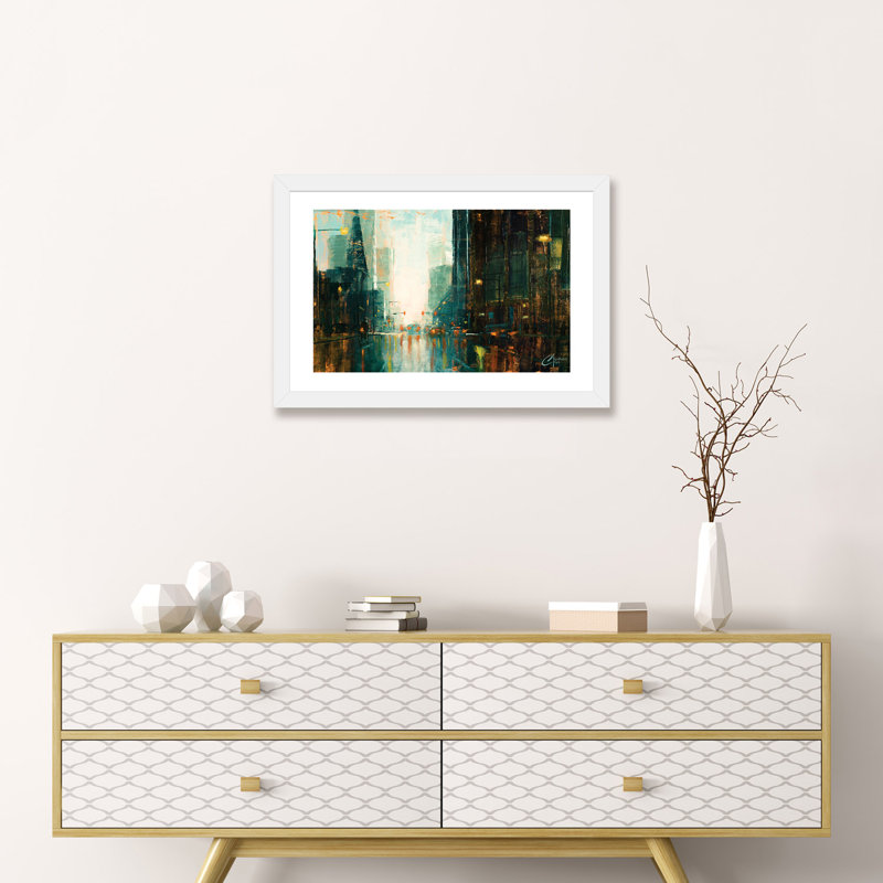 «Denver - Broadway in the Rain I» par Christopher Clark, reproduction d'art, H 16 po x l 24 po x P 1 po, Papier encadré blanc