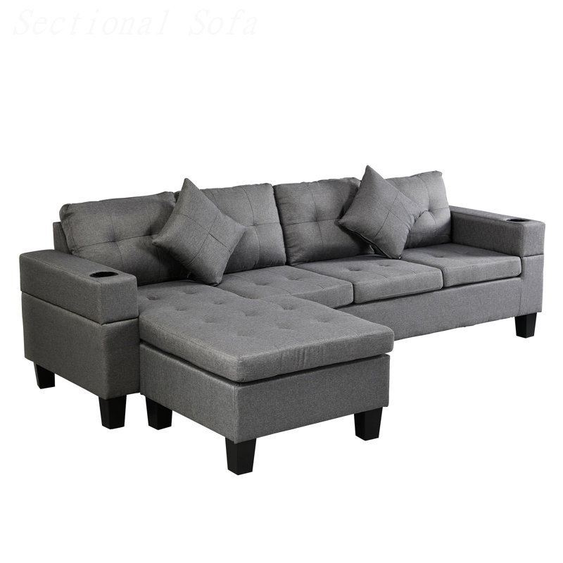 Upholstered L-Shaped Sectional Reversible, Gray Fabric