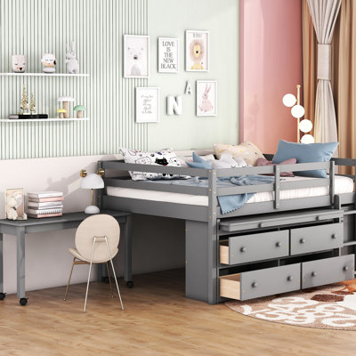 Lit mezzanine double avec tablettes latérales grises - organisez vos 4 tiroirs et bureau portable