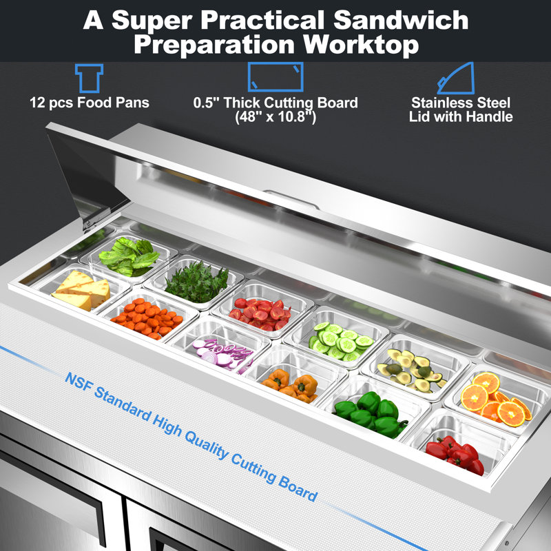 48’’ Wide Commercial Salad Bar Refrigerator, Refrigerated Sandwich Salad Prep Table With 2 Doors, 12 Food Pans, Cutting Board, Etl Nsf Approved