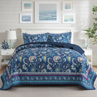 HoneiLife King Size Blended Fabric Reversible Navy Folding‑Screen Print Quilt Bedding Set with Pillow Shams