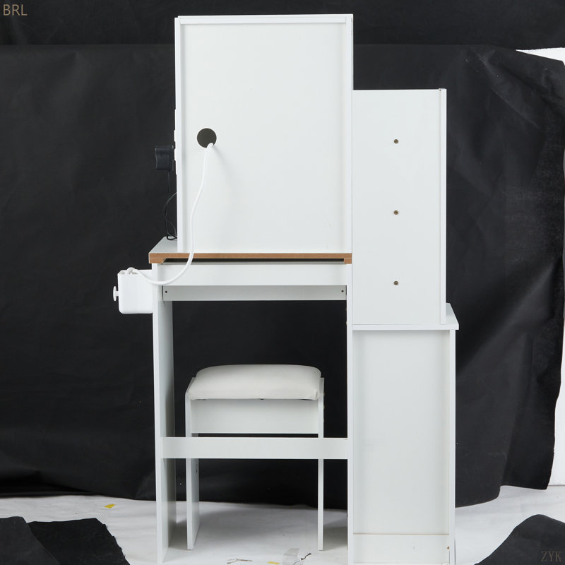Petite coiffeuse 29,2 po avec tabouret de chevet gauche + tabouret rembourré, 2 blocs d'alimentation CA + 2 ports USB, support pour sèche-cheveux, très grand miroir à DEL coulissant à contrôle tactile, changement de couleur tricolore, réglage de la luminosité