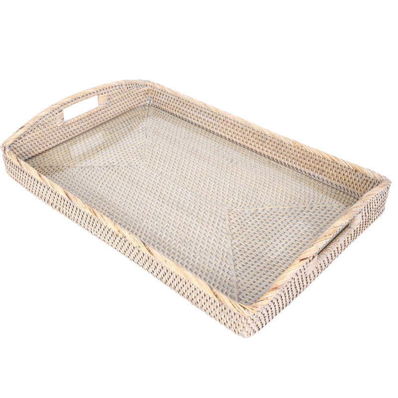 Rectangular Tray with Glass Insert, 21" W x 14" D x 2" H, White Wash