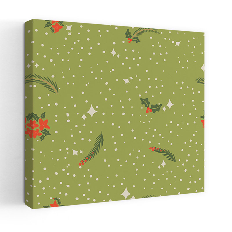 Christmas Holly Traditional Abstract Pine Poinsettia Winter Landscape Wall Art Print, 45.72cm H x 45.72cm W