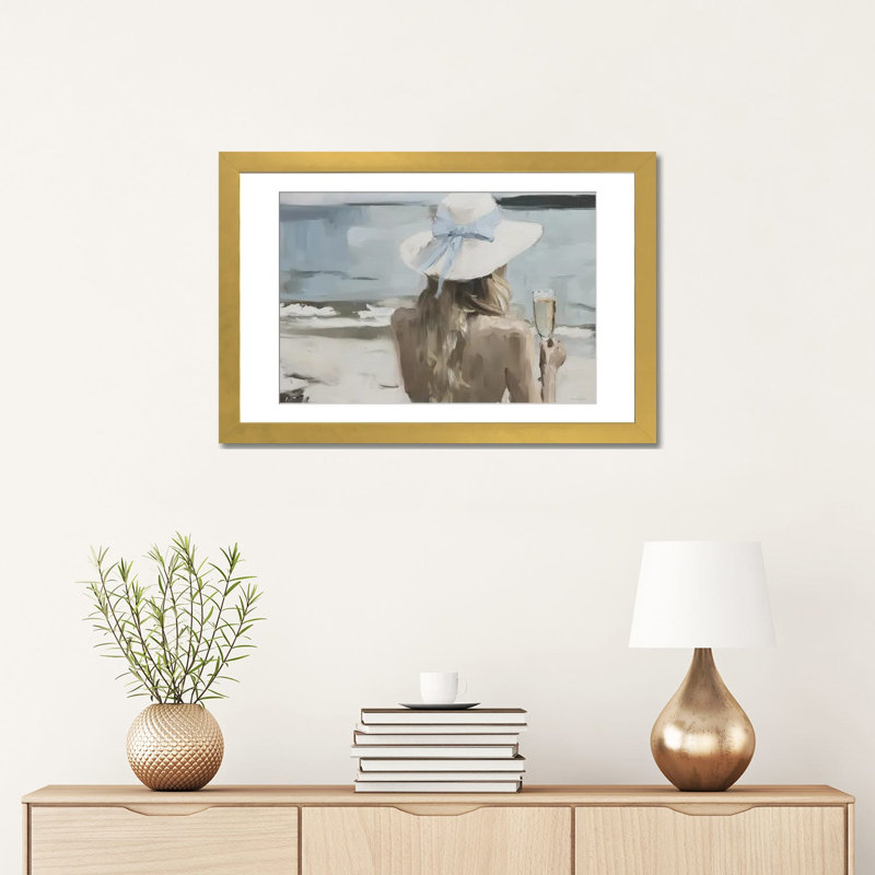 Seaside Sip - Reproduction d'art murale - Papier d'art encadré, 24" x 16", Papier encadré, Doré