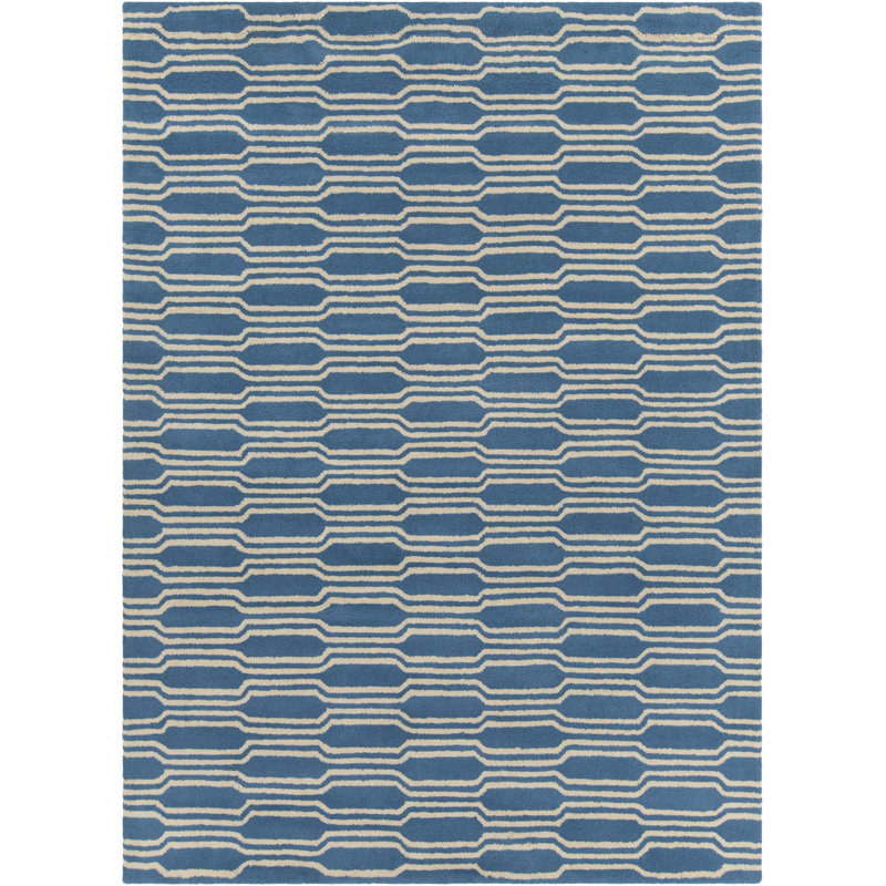 Tapis bleu turquoise et crème en laine touffeté à la main Acworth Authentic, 7 pi x 10 po