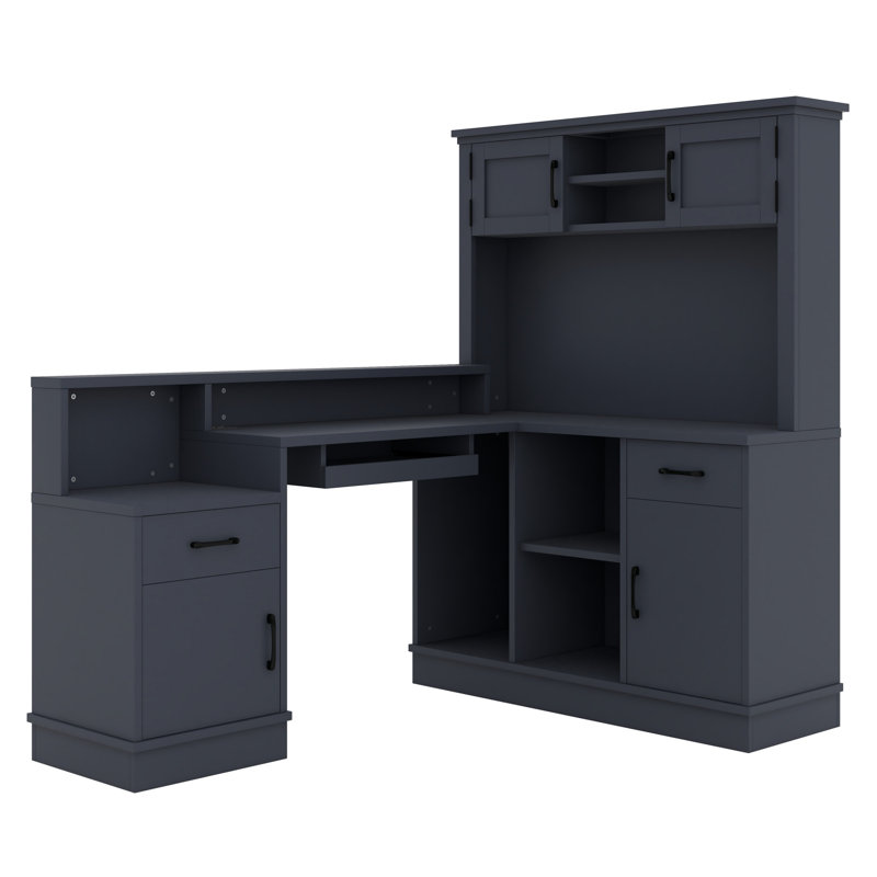 Bureau d'ordinateur en L avec prise de courant, tiroirs, bibliothèque et rangement