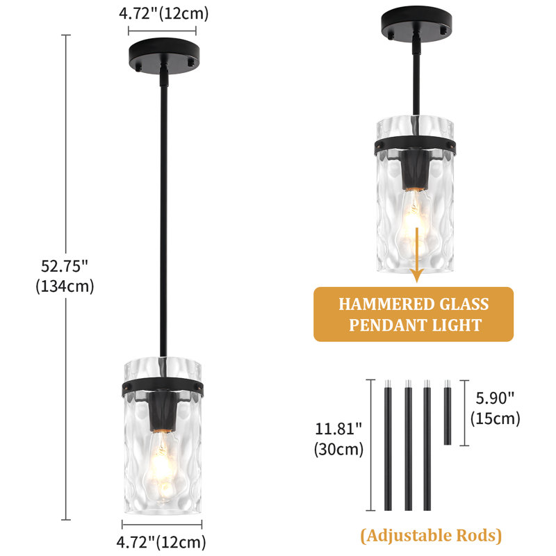 1 - Light Black Modern Pendant Light with Cylinder Clear Hammered Glass Shade, Black