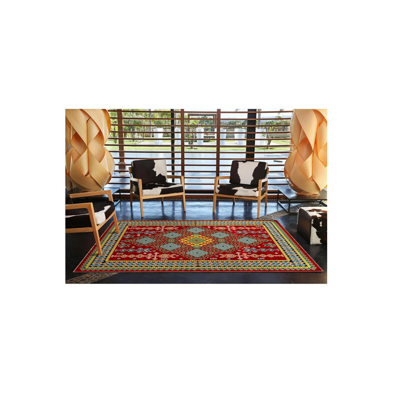 Tapis décoratif tissé à motif de losanges rouge traditionnel lavable à la machine