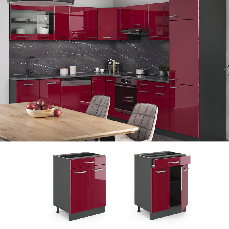 82Cm H x 60Cm W x 46Cm D Oak Base Unit Cabinet, Bordeaux/Grey
