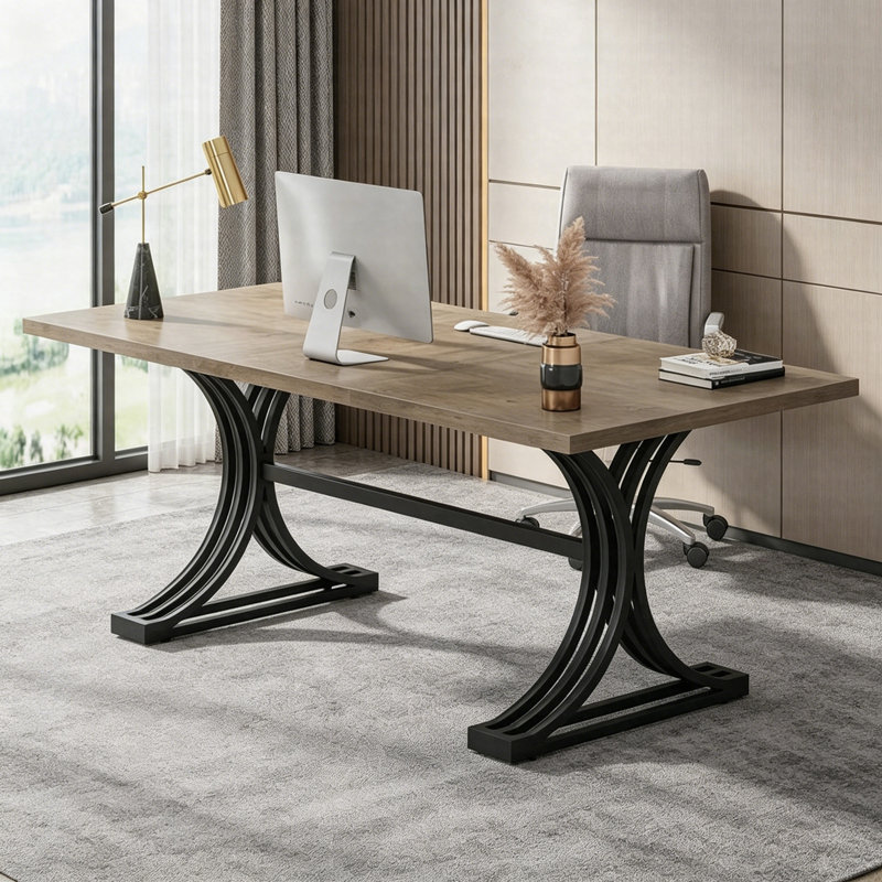 63" Modern Executive Computer Desk With Faux Marble Top And Gold Metal Legs, Gray
