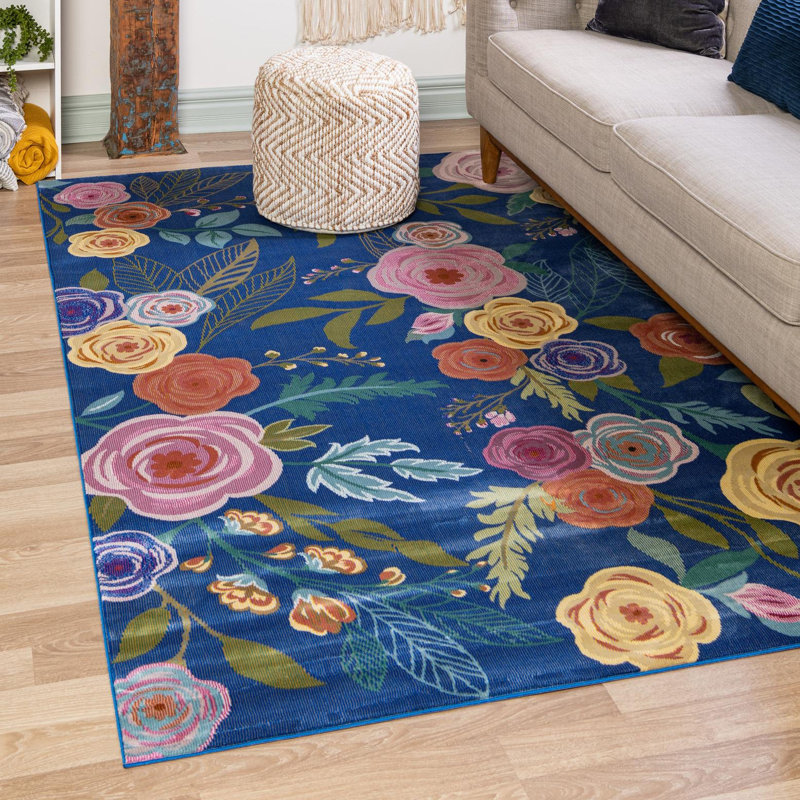 Clydie Floral Navy/Red Area Rug, Rectangle 6'1" x 9'