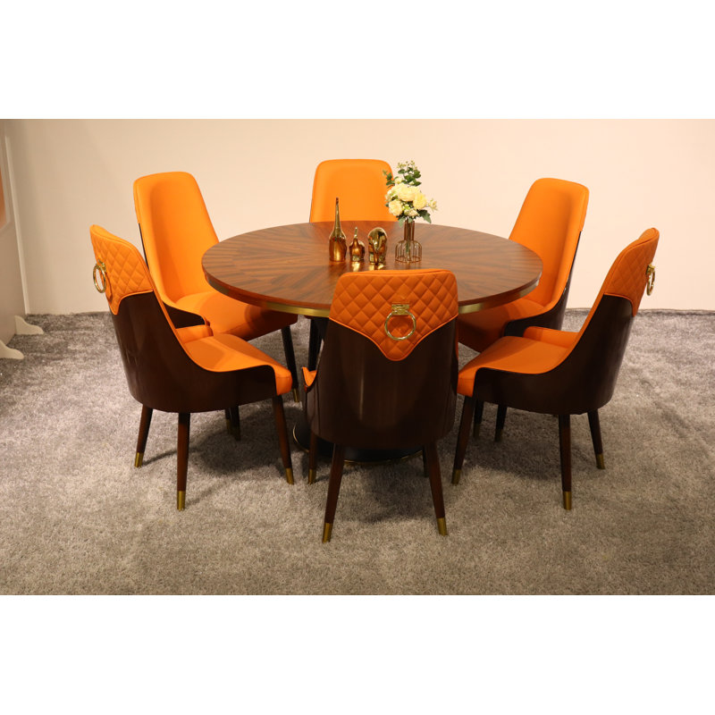 Vogue Lux Orange 61" Round Dining Set, Orange, 7 Pieces: Table, 6 Chairs, 31" H x 51" W x 51" D