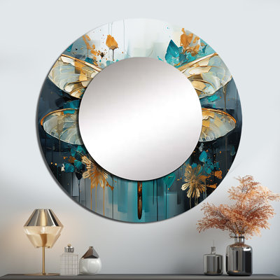 Teal Animal Turquoise Dragonfly Drips I - Animals Round Mirror Wall Decor