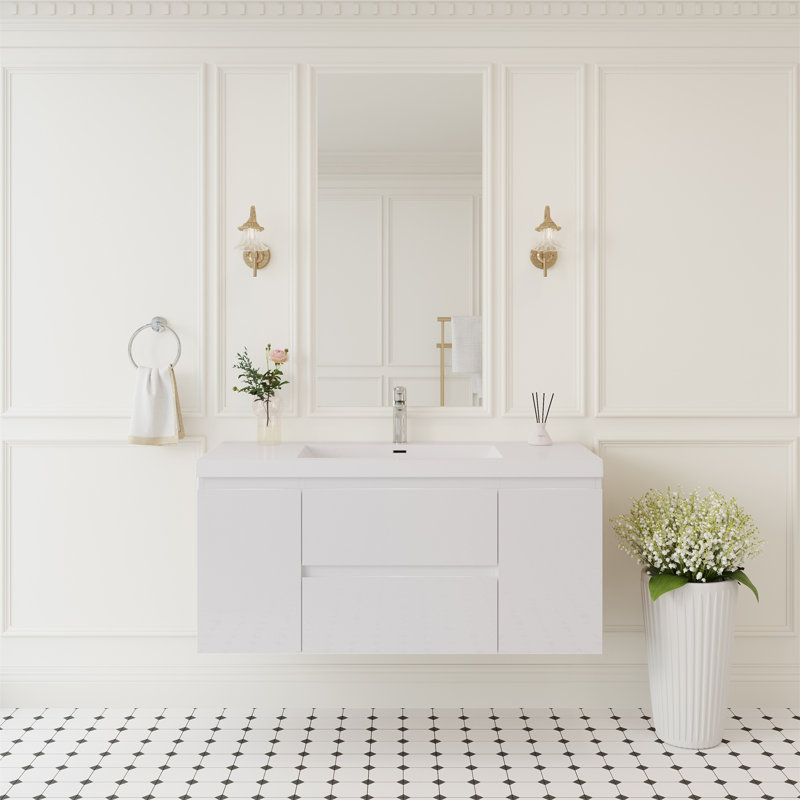 Meuble-lavabo flottant avec lavabo, Blanc, 47"