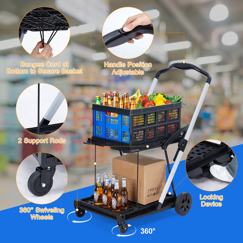 Chariot pliant, chariot d'épicerie pliable avec roues et caisse de rangement amovible