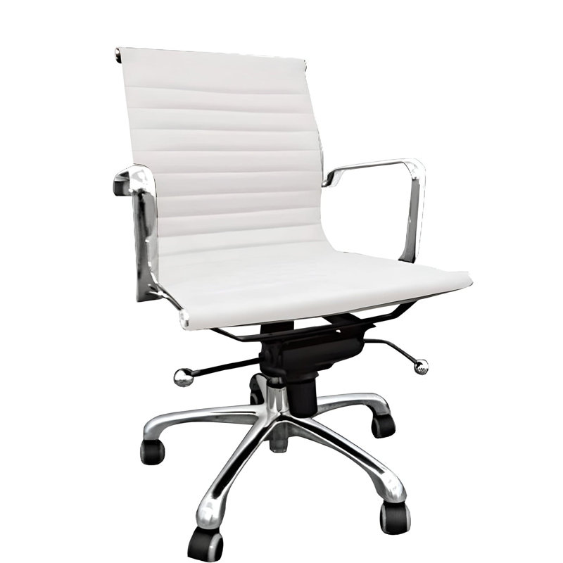 Chaise de bureau pivotante blanche et argentée en similicuir