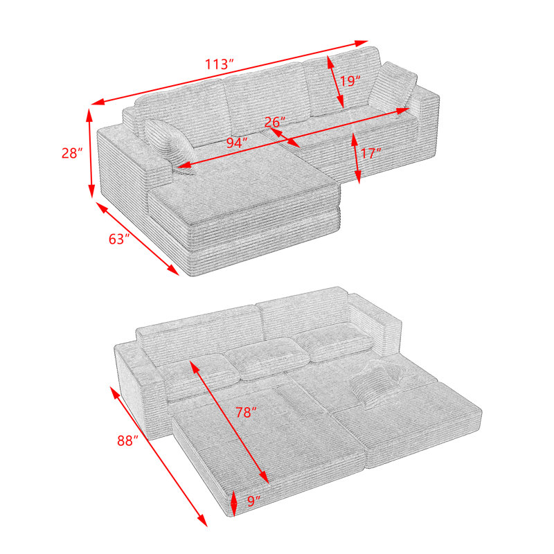113" Cloud Sectional Couch With Comfy Chaise,L Shaped Modern Modular Sofa, Black