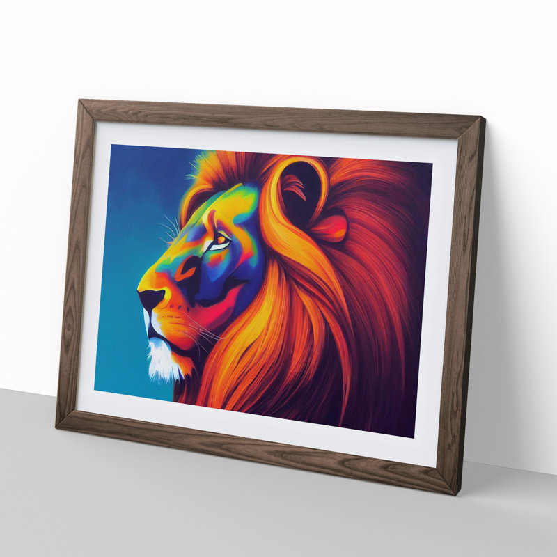 Compelling Lion - Framed Print, 46cm H x 64cm W x 2cm D, Walnut