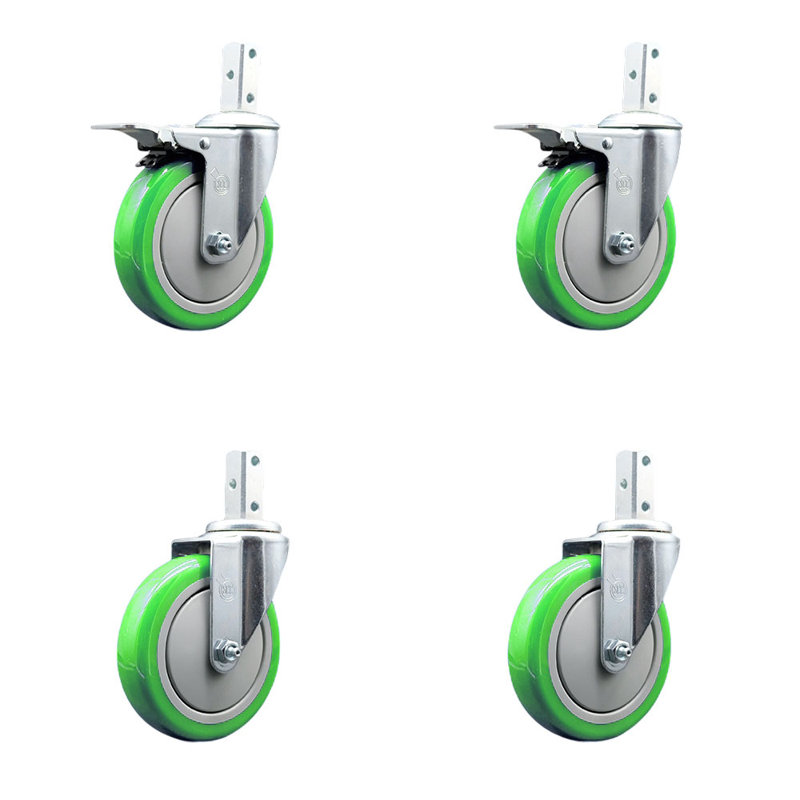 5 Inch Orange Poly Swivel 7/8 Inch Square Stem Caster Set 2 Total Lock Brakes SCC, Green