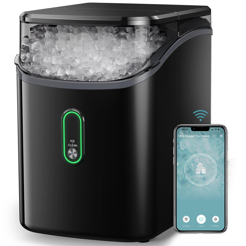 Countertop Ice Crusher Combines The Functions Of Making Soft, Chewy Ice Cubes With Portability. It Features One-Button Self-Cleaning And Powerful Ice-Crushing Capabilities, Producing 33 Pounds Of Ice In 24 Hours.(Black-APP）