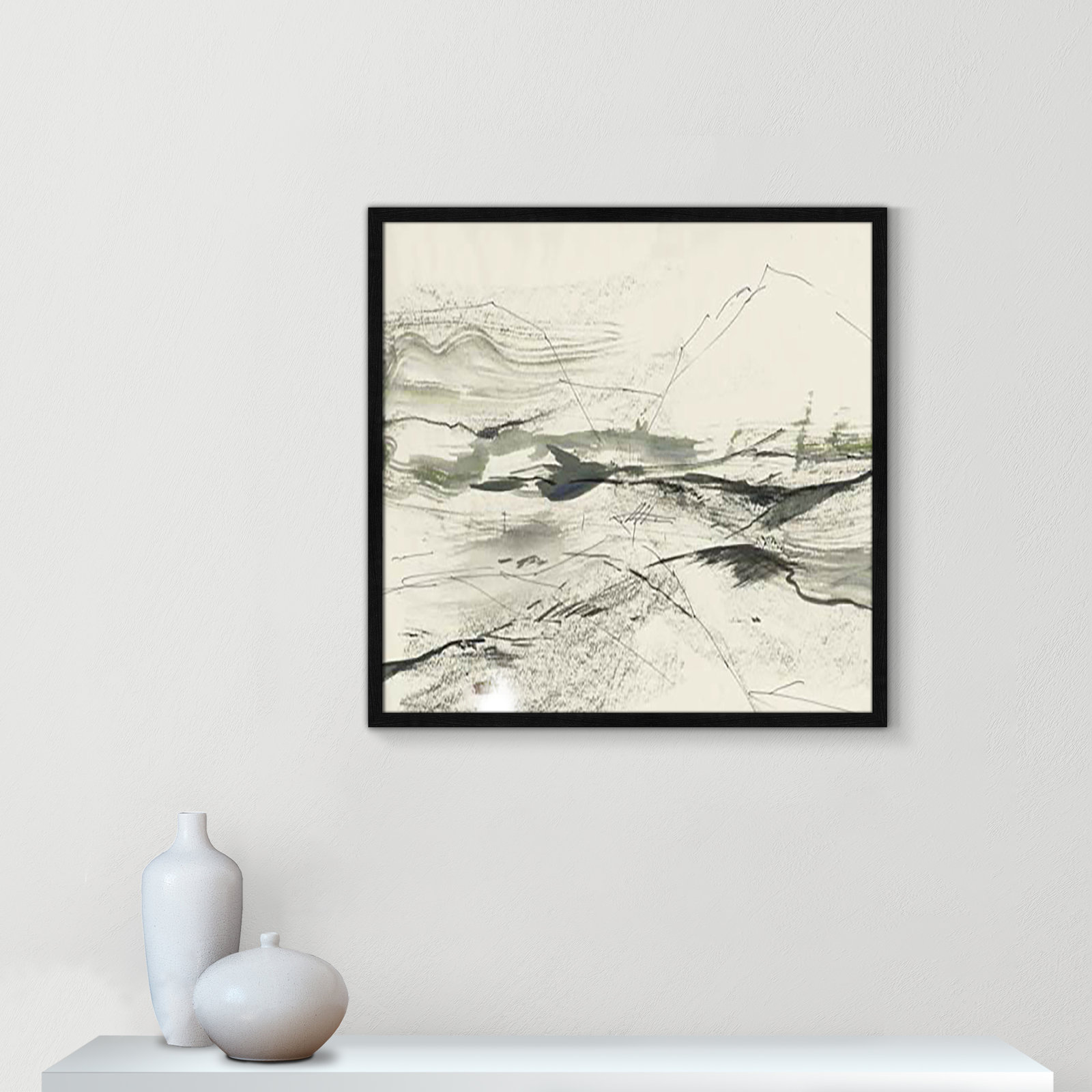 Green Sketches Print, Black Slim Framed, 27.5" H x 27.5" W x 1.25" D