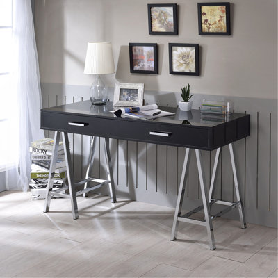 Bureau d'écriture 2 tiroirs avec base en métal noir brillant et chrome