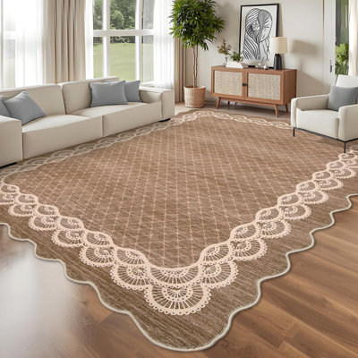 Tapis festonné lavable 9 x 12 avec bordure abstraite, tapis en polyester neutre moderne avec envers antidérapant en TPR pour le salon, la chambre à coucher, un appartement, un dortoir et une chambre de bébé