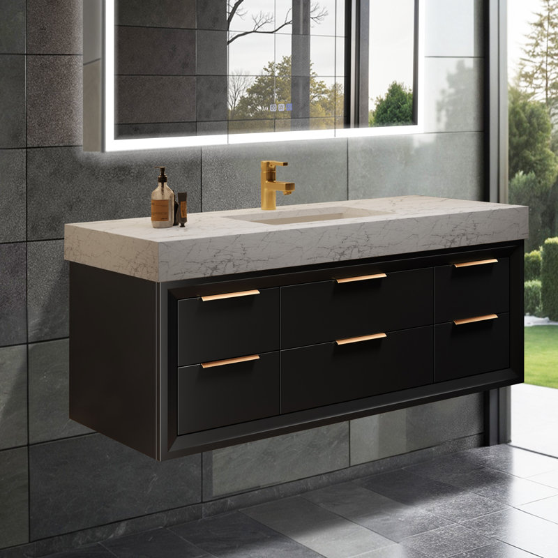 Meuble-lavabo mural simple en bois massif de 48 po avec comptoir en pierre et lumière, Noir