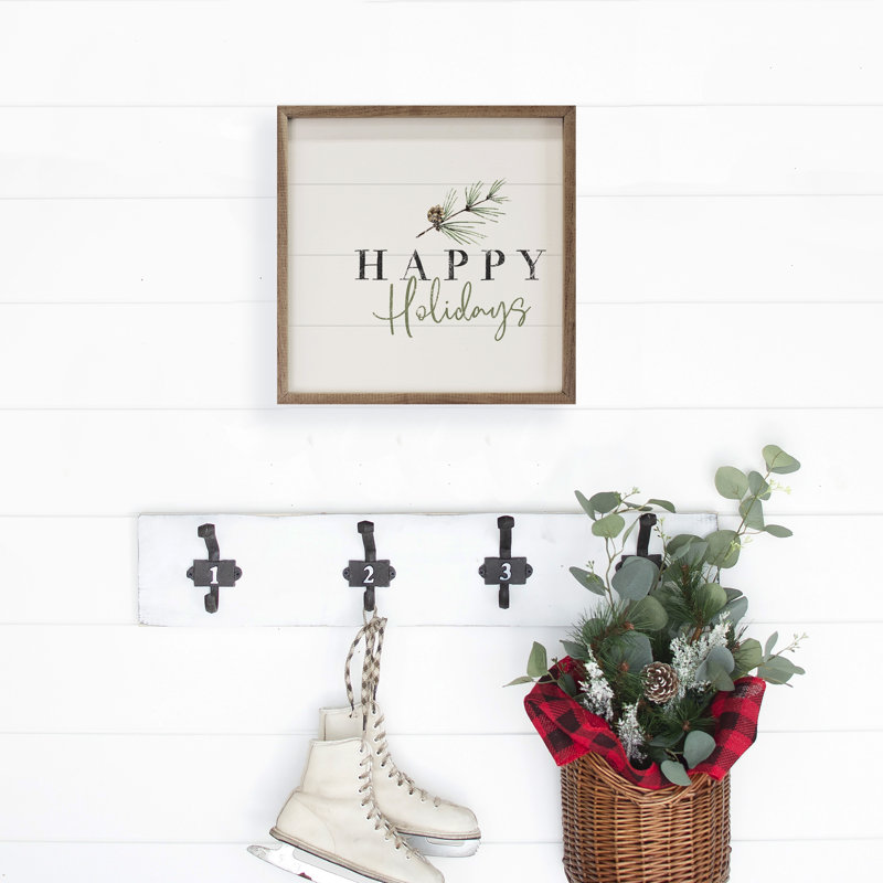Joyeuses Fêtes, branche de pin, blanc, H 16 po x l 16 po