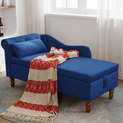 Chaise Lounge Indoor,Velvet Lounge Chair For Bedroom With Storage & Pillow,Modern Upholstered Rolled Arm Chase Lounge For Sleeping With Nailhead Trim For Living Room Bedroom Office