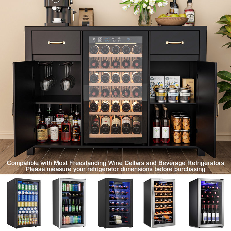 Meuble-bar avec compartiment pour cave à vin, meuble à boissons autoportant avec porte-verres et prise électrique, noir