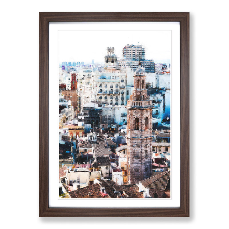 Valencia Skyline in Spain - Picture Frame Painting Print, Walnut Framed, 33cm H x 24cm W x 2cm D