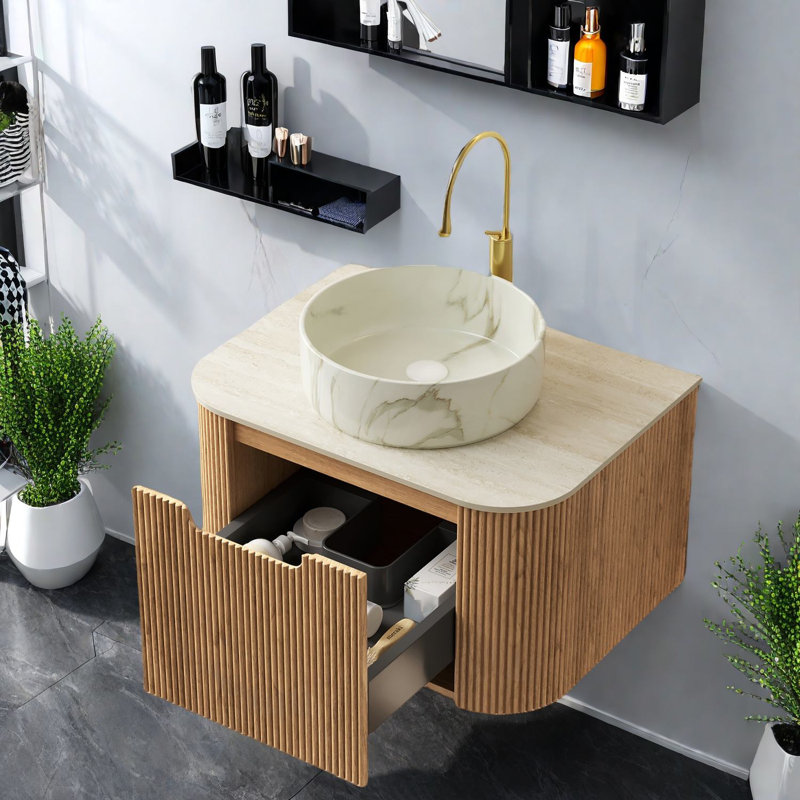 Meuble-lavabo et lavabo flottant moderne, grain de bois naturel, conception compacte
