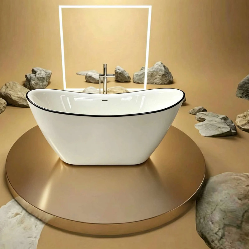 Baignoire sabot autoportante double en acrylique blanc brillant, 150 cm x 75 cm, avec rebord fin noir et fond plat 319BK