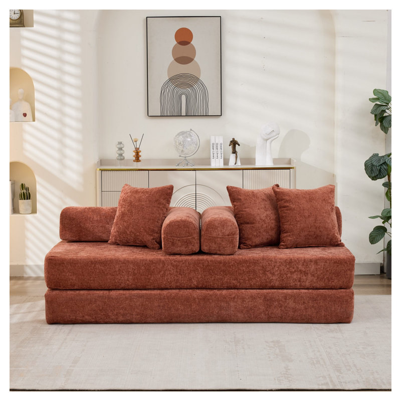 Canapé-lit convertible pliant en chenille orange, canapé futon multi-positions pour l'espace de vie