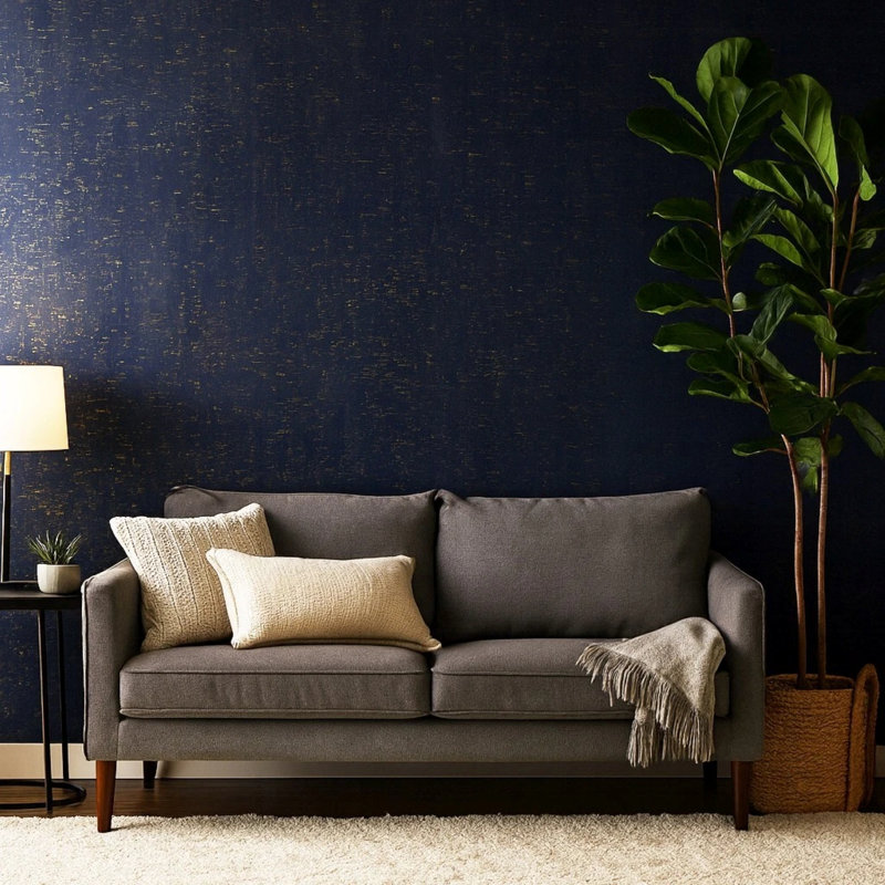 Enchanced Natural Cork Deep Navy Gold Metallic Foil Striped Textured Wallpaper